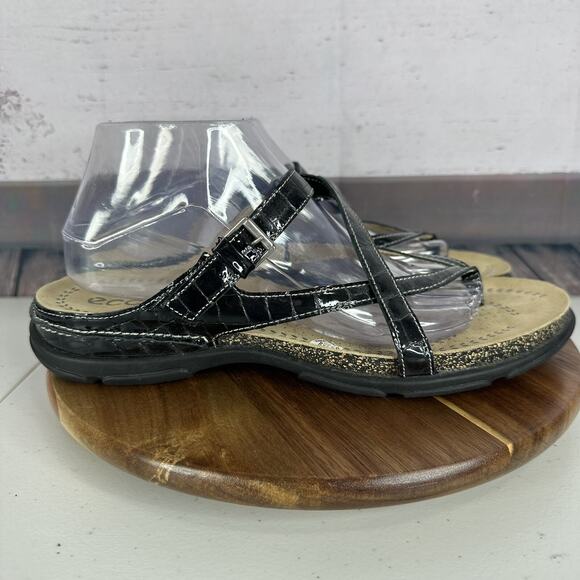 Ecco Sandal Womens 11.5 Black Leather Comfort Slip on Strappy Adustable Cork - Picture 4 of 13